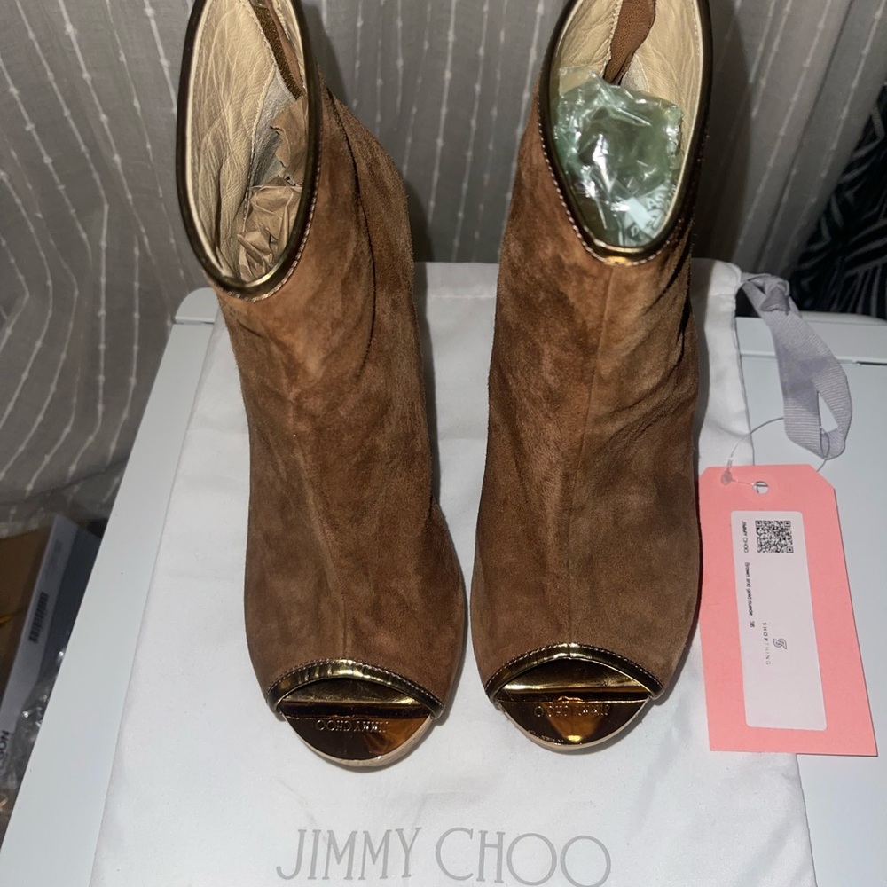 Jimmy Choo Brown Suede Peep-Toe Booties with Gold Accents